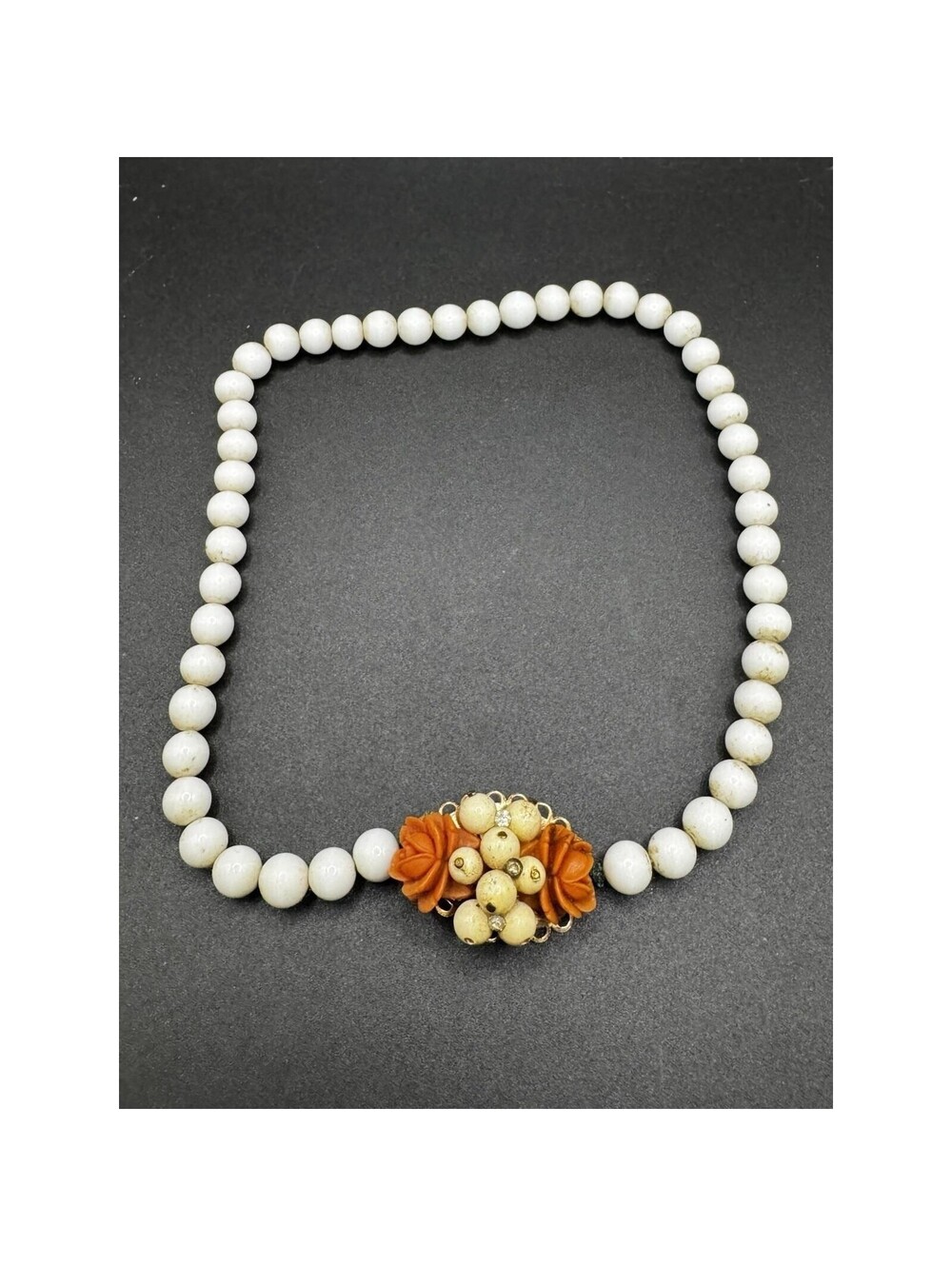 Vintage Milk Glass Bead Necklace Carved Orange Rose Floral Box Clasp 14 Inch